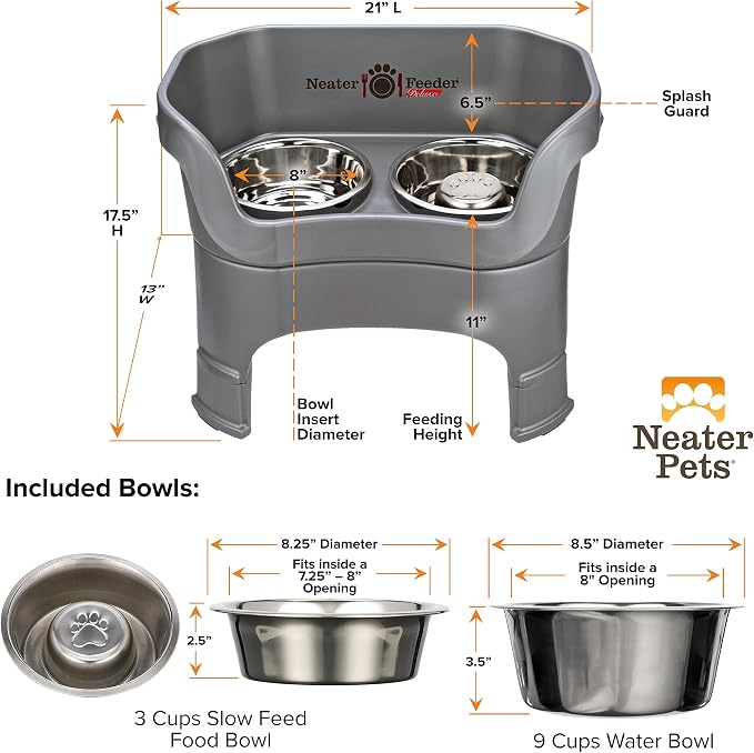 Neater Feeder Deluxe Mess-Proof Elevated Dog Bowls for Large Dogs (40+ lbs), 2 Height Adjustable (14.5” & 17.5”) No-Spill Raised Dog Bowl Stand w/Slow Feed Bowl for Food, Made in USA, Grey