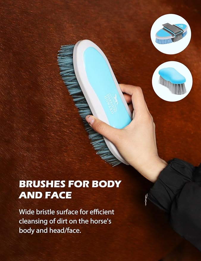 Harrison Howard Complete Horse Grooming Set, 11-Piece Advanced Daily Grooming Tools with Extra Brushes for Full Horse Care Blue Brushstroke Ponies