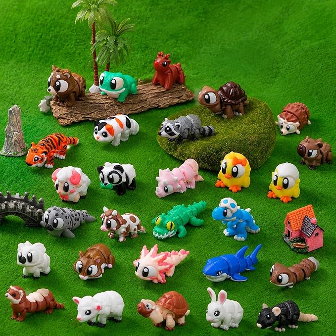 29 Pcs Mini 3D Printed Animal Statues Figurines Set Movable Joints Surprise 3D Printed Animals Cute Desk Decor Party Favors for Adults Home Office Desk Decoration Display