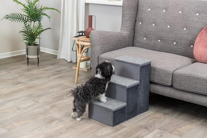 TRIXIE 3-Step Velour Pet Stairs, Gray | Collapsible, Storage Compartments for Pet Toys, Ideal for Small Dogs and Cats