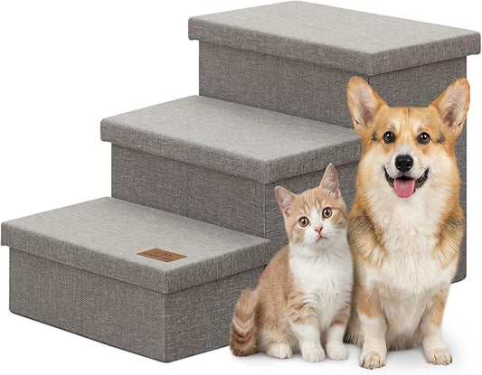 Zerbuger Dog Stairs with Storage, Grey 3 Steps Dog Ramp no Condo for Bed | 18" H Wider Dog Steps for High Beds Couch, Folding Storage Pet Stairs Gift for Climbing Small/Medium/Large Old Dogs Cats