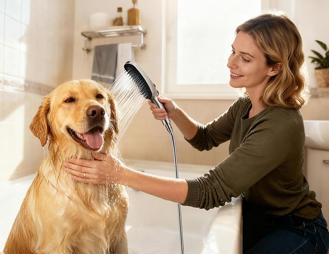 G-Promise 3 Mode Dog Shower Attachment with Pause Mode | High Pressure, Built-In Brush for Wash & Groom, Extra Long Hose, Easy Install, for Indoor & Outdoor Use
