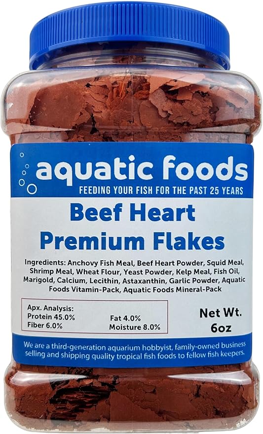 Aquatic Foods Inc. Beef Heart Enhanced Premium Flakes for Discus, Cichlids, All Tropical Fish. Aquatic Foods Premium Flakes…6oz Med Jar