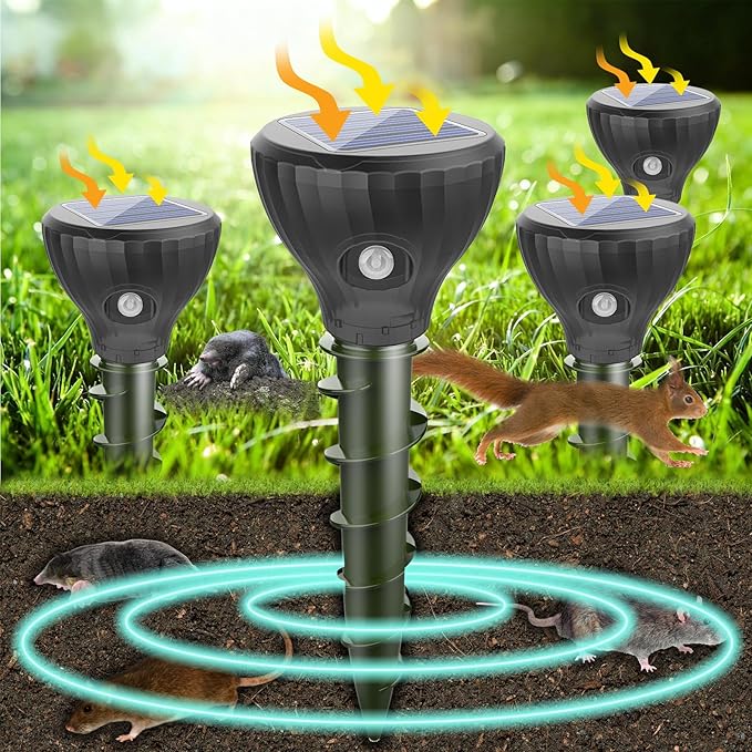 2026 Upgraded Solar Mole & Gopher Repellent 4 Pack, IP65 Waterproof Ultrasonic Vibration Stakes, Snake Skunk Vole Groundhog Deterrent to Protect Yard, Lawn & Garden
