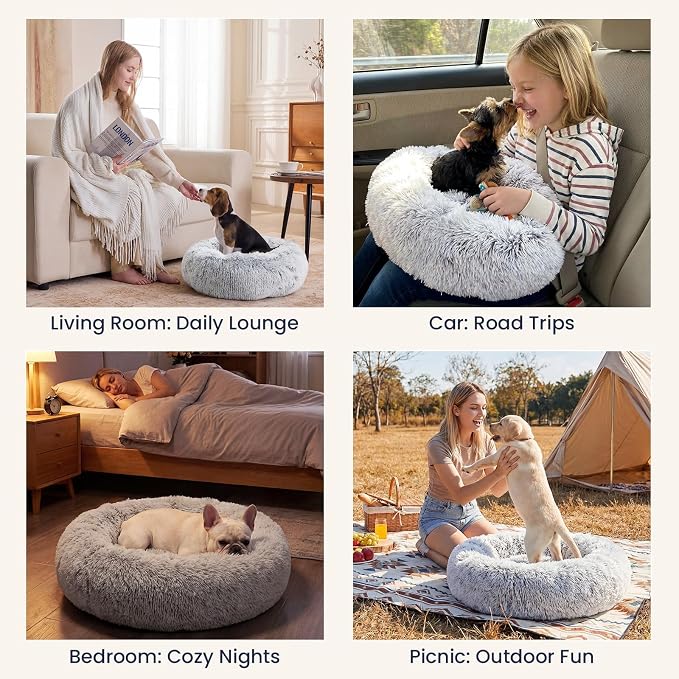 JOLLYVOGUE Small Dog Bed, Calming Dog Beds for Small Dogs & Indoor Cats - 20 Inches Donut Washable Cat Bed for Kittens & Puppies, Round Fluffy Plush Faux Fur Pet Beds(Smoke Grey)