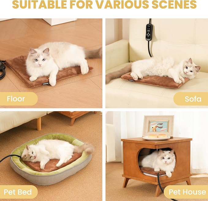 Pet Heating Pad for Cats and Dogs, Heated Cat Bed & Dog Heating Pad with 5 Temperature Levels, Waterproof Heated Pet Mat with Timer, Auto Power-Off and Chew Resistant Cord, 20'' x 16''
