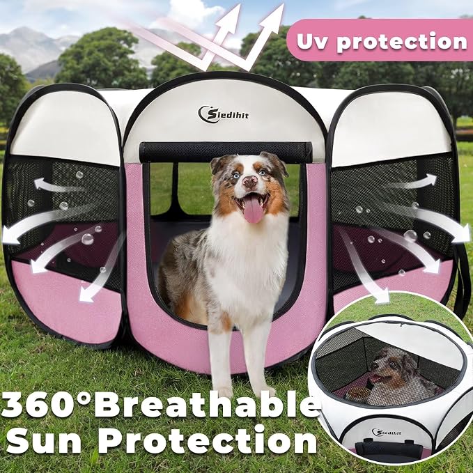 Sieidihit Dog Cat Pet Playpen Puppy Crate Cage Indoor Outdoor, Large Pink | Pet Nursing Enclosure Camping Rest Zone for Recovering Pets 600D waterproof polyester Oxford, Breathable double-layer mesh