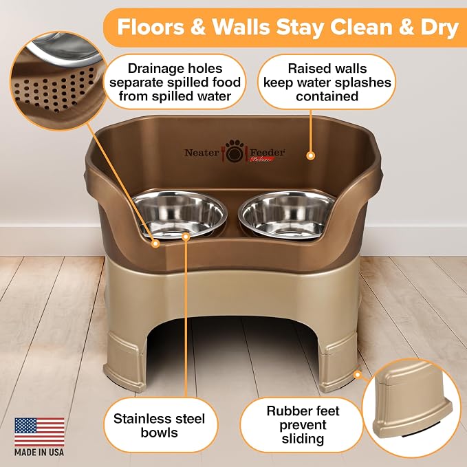 Neater Feeder Deluxe Mess-Proof Elevated Dog Bowls for Large Dogs (40+ lbs), 2 Height Adjustable (14.5” & 17.5”) No-Spill Raised Dog Bowl Stand, Stainless Steel Food Bowl Set, Made in USA, Bronze