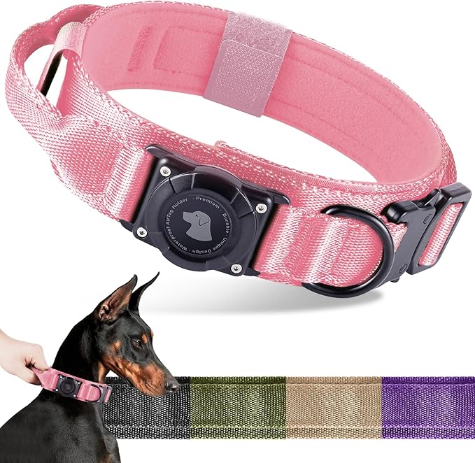2026 Upgrade Waterproof AirTag Dog Collar, Military Tactical Dog Collar with AirTag Holder, Comfortable Control Handle and Metal Buckle, GPS Dog Collar Holder for Medium to Large Dogs (Pink, XL)