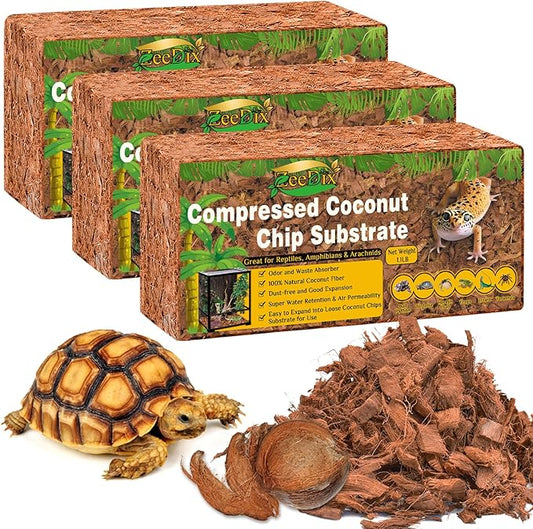 ZeeDix 3 Pack Coconut Husk for Reptiles, Organic Coconut Fiber Reptile Terrarium Substrate, Coco Husk Chips Reptile Bedding for Snakes, Tortoises, Ball Python, Geckos, Lizards, Hermit Crab, Tarantula