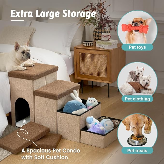 Dog Stairs with Storage, 3-Step Wider Sturdy Dog Steps for Small/Medium/Large Dogs and Older Cats, Doggie Ramp with Condo for Bed/Couch/Car Hold Up to 180 lbs (17.7" H, Brown)