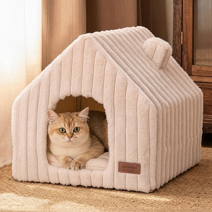 FUKUMARU Cat Bed Cave, Enclosed Washable Covered Dog Bed with Support Frame | Large Cat House for Indoor Cats, Cozy Cat Hideaway for Anxious Cats, Soft Plush Faux Fur Cat Tent Bed, Non-Slip Bottom