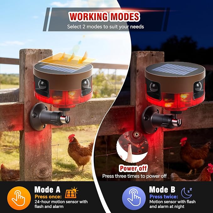 Solar Outdoor Motion Sensor Alarm-Dog Barking or Gunshot Sound, 130dB Noise, 13 Sounds & 360° Motion Detector Alarm Support Recording, with Remote Controller for Home, Villa,Yard,Chicken coop