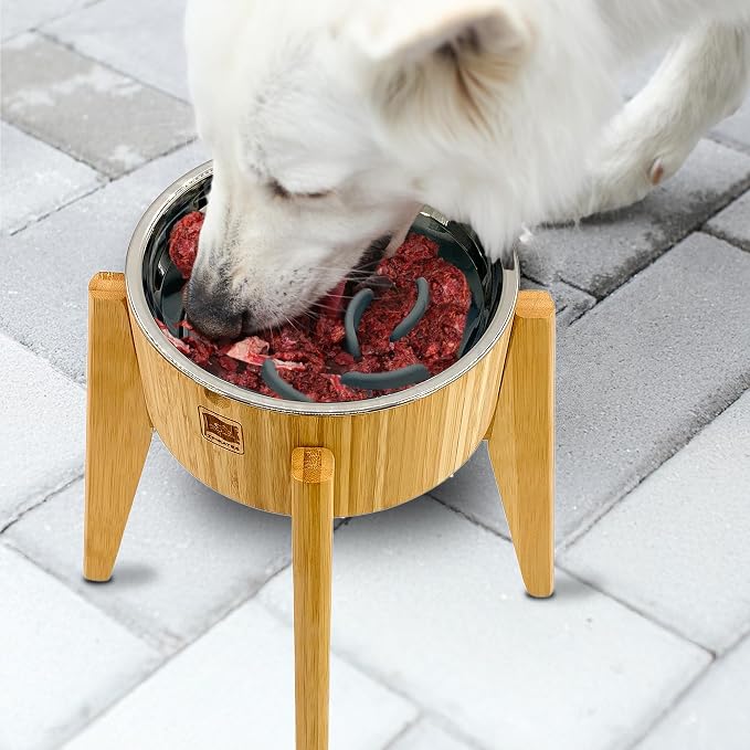 Slow Feeder Dog Bowl for Large Dogs - Elevated Food Stand, Collapsible | Raised Dog Bowl with Anti-Choking Insert, 12-Inch High, Anti-Wobble Lock, Resist Tipping - Stainless Steel, Bamboo