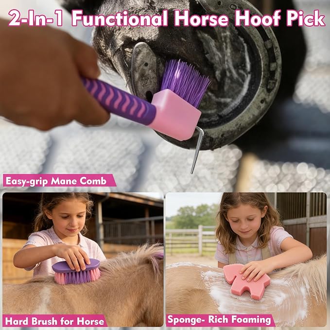 Horse Grooming Brush Kit, 9Pcs Horse-Brush Set with Organizer Tote Bag, Shower Brushes, Braiding Comb, Sweat Scraper, Hoof Pick, Shedding Massaging Tool Supplies for Riders Beginners, Pink