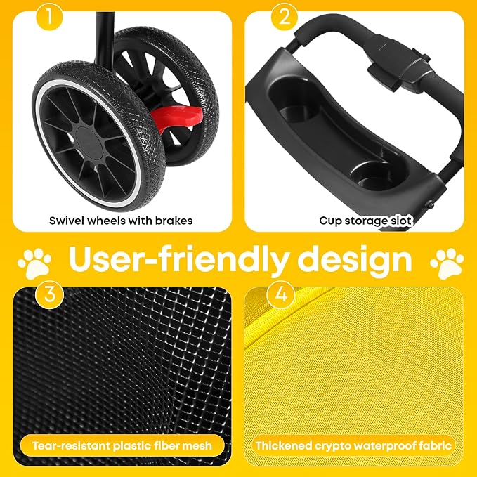 Pet Stroller,Dog Stroller for Small Medium Dogs Cats,3 Wheels,Yellow | Foldable,with Breathable Mesh Canopy,Cup Holders,Easy Assembly