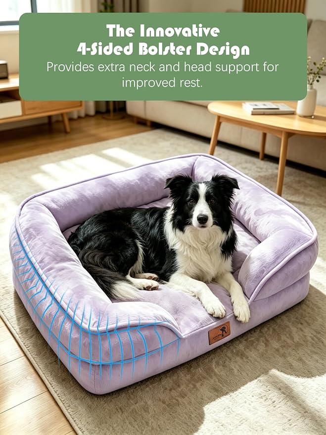 Spotted Play Orthopedic Dog Bed with Sides - Sofa Beds for Large Dogs, Supportive Foam Pet Couch Bed with Washable Removable Cover, Waterproof Lining and Non-Slip Bottom, Purple - L