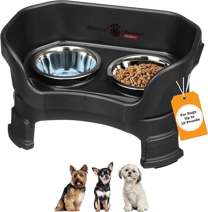 Neater Feeder Deluxe Mess-Proof Elevated Dog Bowls for Small Dogs (Up to 19 lbs), 2 Height Adjustable (6” & 7.5”) No-Spill Raised Dog Bowl Stand, Stainless Steel Food Bowl Set, Made in USA, Black