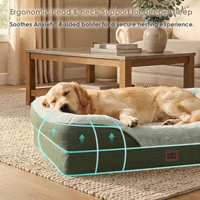 EHEYCIGA Orthopedic XL Dog Bed for Large Sized Dog, 48x35 Inch Extra Large Memory Foam Dog Couch Bed with Sides, Waterproof Liner & Washable Removable Cover, Bolster Pet Sofa, Green