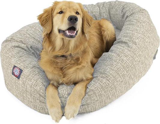 Majestic Pet Bagel Calming Dog Bed, 32 Inch Medium, Round, Washable, Tan | Cozy Soft Fluffy Donut Pet Bed with Spine Support for Head Rest – Anti-Anxiety Comfort for Puppies & Dogs, 32x23x7 Inches