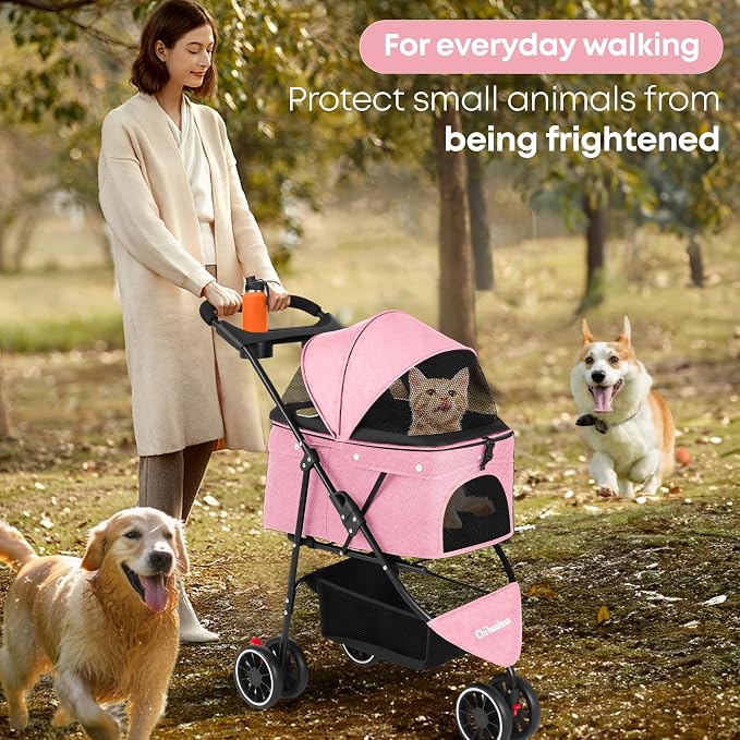 Pet Stroller,Dog Stroller for Small Medium Dogs Cats,3 Wheels,Pink | Foldable,with Breathable Mesh Canopy,Cup Holders,Easy Assembly