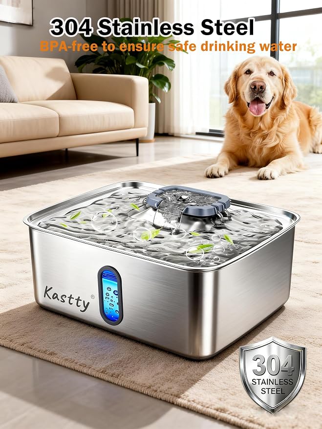 Kastty 3.96 Gal Dog Water Fountain for Large Dogs,15L Stainless Steel Large Pet Water Fountain, Ultra Quiet Automatic Dog Water Bowl Dispenser with Water Level Window and LED Light(FS78,Grey | Large Ultra Quiet Pet Water Fountain, Automatic Dog Water B...