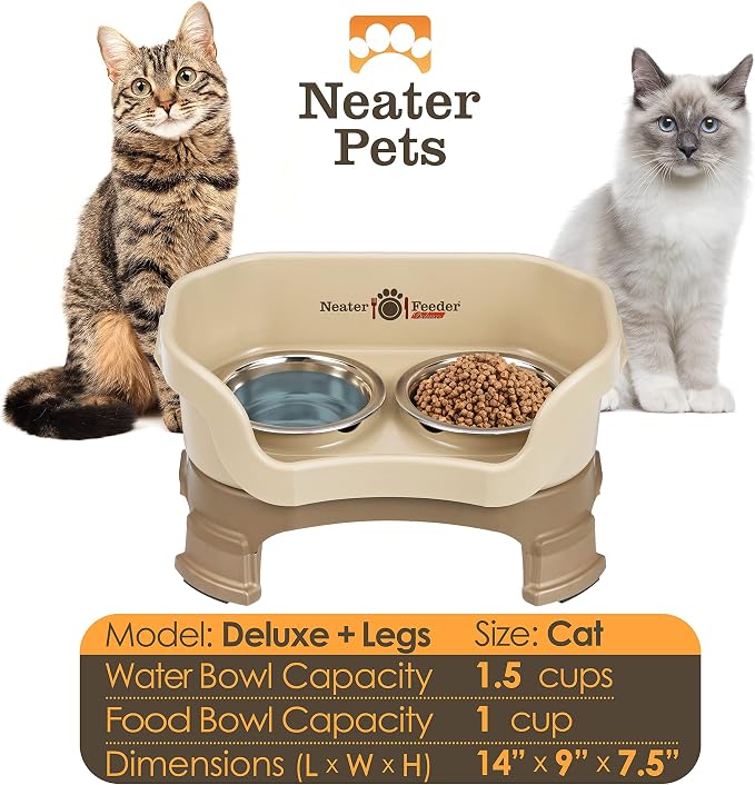 Neater Feeder Deluxe Mess-Proof Elevated Cat Bowls, 2 Height Adjustable (6” & 7.5”) No-Spill Raised Cat Bowl Stand, Whisker Friendly Stainless Steel Dishes for Indoor Cats, Made in USA, Cappuccino