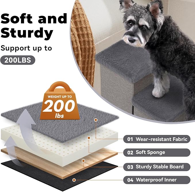 Zerbuger Dog Stairs with Storage, Grey Furry Lids 3 Steps Dog Ramp no Condo | 18" H Wider Dog Steps for High Beds Couch, Folding Storage Pet Stairs Gift for Climbing Small/Medium/Large Old Dogs Cats