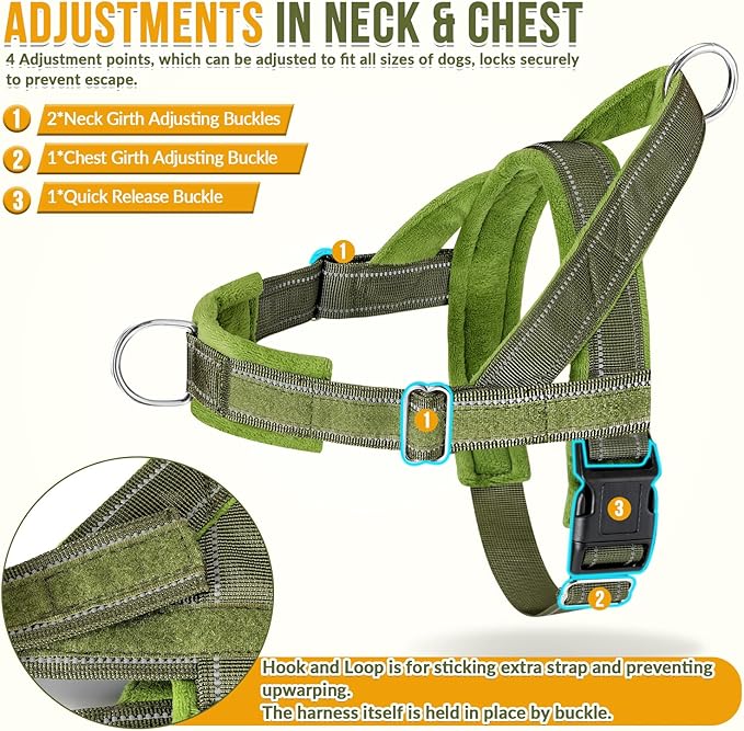 SlowTon No Pull Dog Harness with Front Clip - Heavy Duty, Soft Padded | Neck & Chest Adjustable, Tactical Pet Vest and Leash Set for Large Medium Sized Dogs, for Easy Walk & Training, Green L
