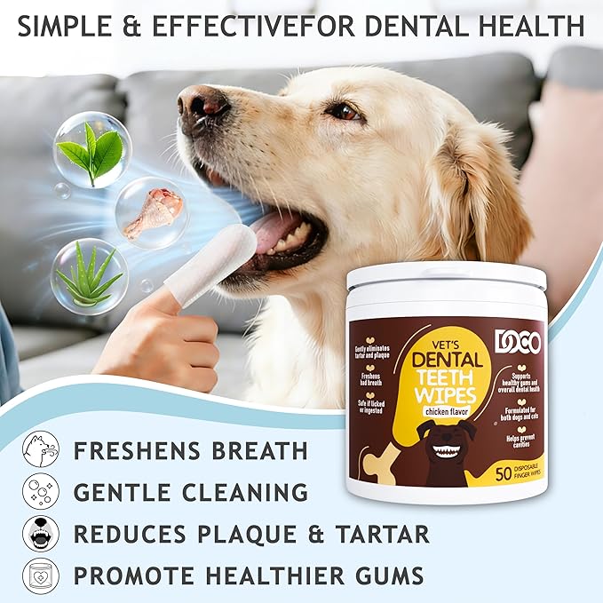 DOCO Pet Dog Teeth Cleaning Wipes – Deodorizing Finger Wipes for Dogs & Cats | Helps Reduce Plaque & Tartar Buildup, Supports Fresh Breath, No Rinse (Chicken, 50 Count)