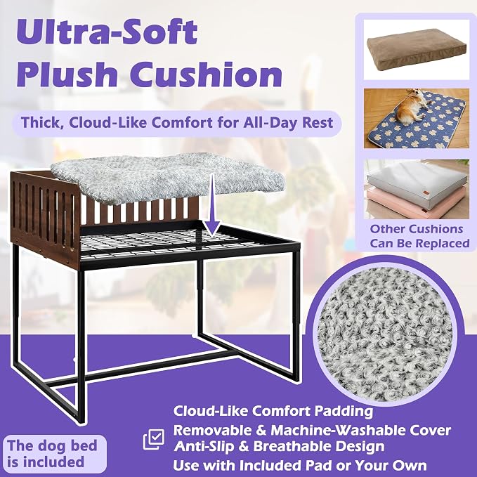 Beside Dog Bed,2 Wood Side Panel Adjustable Height Dog Bunk Beds,39''x27'' Metal Dogs Bed Frame with Cushion,Large