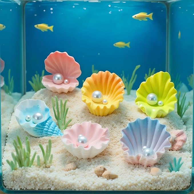 6 Pcs Mini Resin Pearl Seashell Ornaments, Artificial Ocean Clam Shells for Aquarium Decoration, Cute Fish Tank Accessories for Betta, Shrimp, Hermit Crab - Underwater Landscape Decor