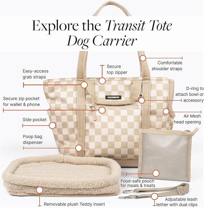 Transit Tote Dog Carrier 4-Piece Set - Premium Lightweight Pet Travel Bag with Plush Teddy Insert, Food Pouch, Air Mesh Opening, Water-Resistant Base & Safety Tether - Medium Checkerboard
