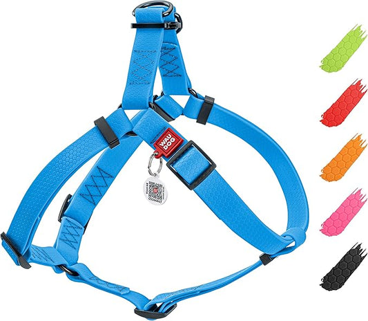 WAUDOG Waterproof Adjustable Dog Harness - Heavy Duty with Durable Metal Clasp and QR Dog Tag - Boy & Girl (20-32in Blue)