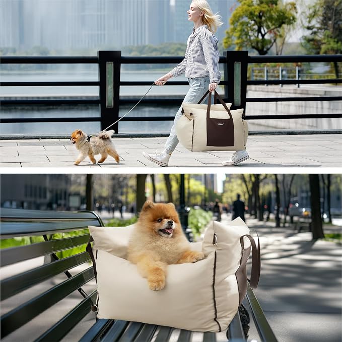 Lesure Dog Car Seat for Small Dogs,Booster Car Bed for Puppy Under 25lbs | Soft Pet Carseat with Clip-On Safety Leash and Thickened Memory Foam Filling,Dog Travel Carrier Bed with Storage Pocket,Beige