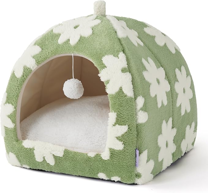 Lesure 2in1 Cute Cat House for Kitten with Washable Cushioned Pillow,17.3in | Cat Beds for Indoor Cats,Small Pet Cave Tent,Cozy Enclosed Foldable Hideaway,Fluffy Ball,Anti Slip Bottom,Hand Strap,Green