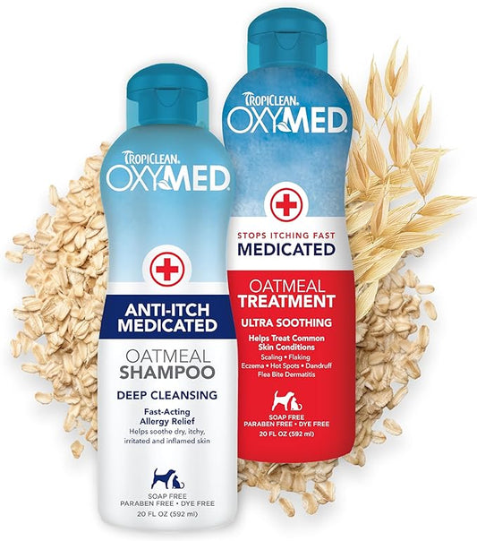 TropiClean Oxymed Medicated Cat & Dog Shampoo and Conditioner Set for Itchy Skin, Skin Soothing Oatmeal Shampoo & Conditioner for Dogs & Cats | Set of 2