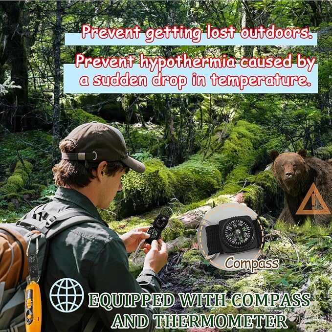 Rechargeable Bear Horn to Scare Bears, 125dB Electronic Air Horn with LED Flashlight & Compass & Thermometer, Electronic Whistle Bear Bells for Safety Hiking Camping Emergency Self Defense