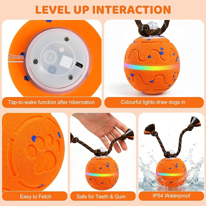 Interactive Dog Toy, Automatic Moving Dog Balls Smart Herding Ball for Dogs with Birdsong E-TPU Material, IPX7 Waterproof (Orange)