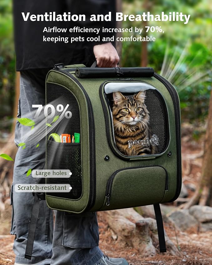 Pecute Cat Backpack Carrier,Large Space Cat Bubble Backpack,Ergonomic,Green | XXL,Sunshade Curtain,Transparent Window,Safety Rope,Sturdy,Large Mesh on Both Side for Breathability,Suitable for Outdoor,Vet