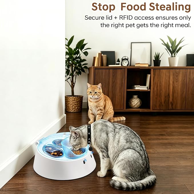 RFID Automatic Cat Feeder for Multi-Pet Households, Selective Microchip Pet Feeder with 3 Stainless Bowls (1 Public, 2 Hidden), Prevents Food Stealing, Special Diet Dispenser, Dual Power