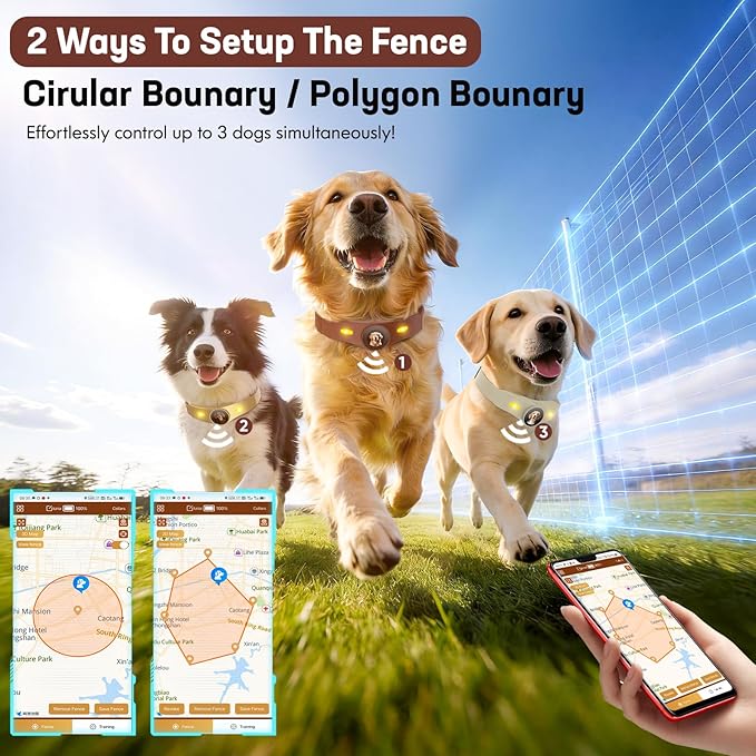 GPS Wireless Dog Fence, Smart Portable Electric Dog Fence Collar with Free App, 64-3280ft Adjustable Boundary, Rechargeable IP7 Waterproof, for Small Medium Large Dogs Outdoor Use