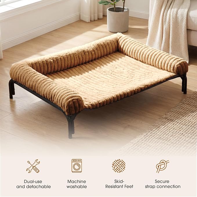 Czpalo Elevated Dog Bed with Removable Bolster Cushion Mat, Raised Pet Cot for Large Sized Dogs with Breathable & Washable Mesh, Indoor & Outdoor Pet Hammock with Skid-Resistant Feet.