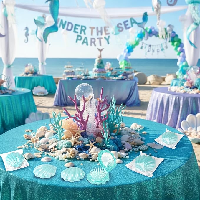 LemonRoad 24 Sets Mermaid Party Favors Shell Hair Brush with Mirror Card, Foldable Mini Travel Compact Hair Brush for Women Birthday, Bachelorette, Under The Sea, Beach Party Gifts(Teal)