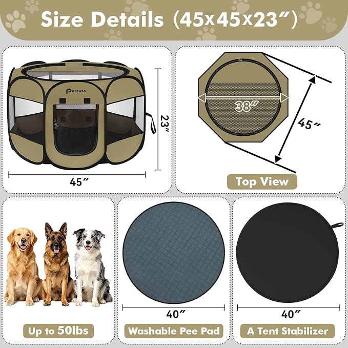 Persure Dog Cat Pet Playpen Puppy Crate Cage for Indoor Outdoor Travel | Nursing Rest Zone Recovering Pet Quarantine Room Portable Pop Up Easy to Set up lightweight Carrying Bag(Khaki with Pad,Large