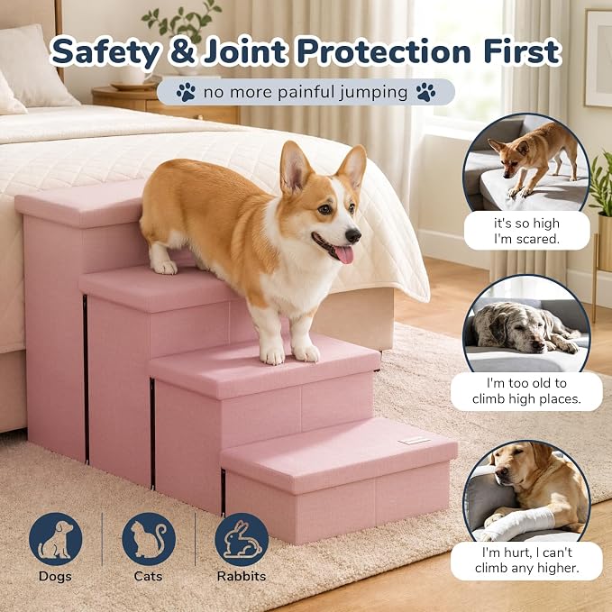 4-Step Wide Dog Stairs with Storage 23" H, Non-Slip Sturdy Pet Steps for High Bed Couch Window, Pet Stairs for Small/Medium/Large Old Dogs Cats Up to 220lbs, Cat Dog Steps for Car/SUV, Pink