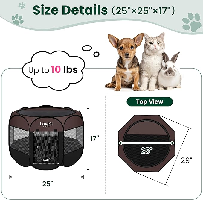 Love's cabin Pet Puppy Dog Playpen, Small Dog Tent Crates Cage Indoor/Outdoor, Portable Playpen for Cat, Foldable Pop Up Dog Kennel Playpen with Carring Case, Removable Zipper Top, Brown