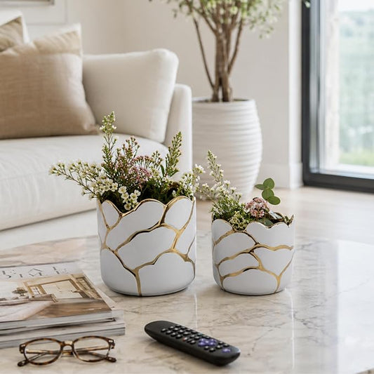 Set of 2 Plant Pots for Indoor Plants – Ceramic Planters with Gold Accents, Decorative Pots for Home Decor, Modern Indoor/Outdoor Ceramic Planter Set, Stylish Pot for Plants – 6/7", White