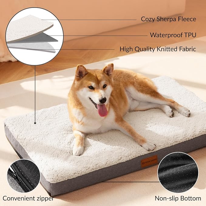Patas Lague Orthopedic Large Dog Bed Washable Pet Sofa Mat 42''X28'' Ivory | Egg-Crate Foam Dog Couch For Large Sized Dogs, Waterproof Removable Cover, Soft Pet Crate Bed With Nonskid Bottom
