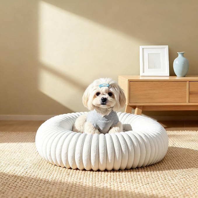 Calming Dog Bed Anti-Anxiety Donut Dog Beds for Small Medium Large Dogs,Washable Plush Fluffy Indoor Cat Kitten Round Cuddler Cushion (Cream, Large-36 inch)